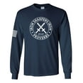 thumbnail image 1 of Iron Sharpens Iron Proverbs 27:17 Mens Christian American Flag Sleeve T-shirt Long Sleeve Graphic Tee-Navy-small, 1 of 4