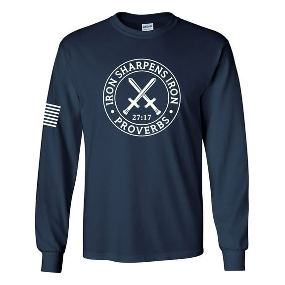 Iron Sharpens Iron Proverbs 27:17 Mens Christian American Flag Sleeve T-shirt Long Sleeve Graphic Tee-Navy-xxl