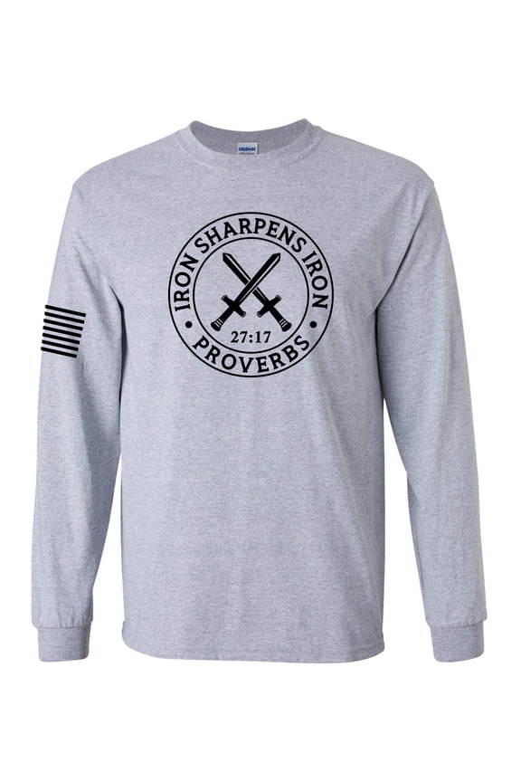 Iron Sharpens Iron Proverbs 27:17 Mens Christian American Flag Sleeve T-shirt Long Sleeve Graphic Tee-Sports Grey-large