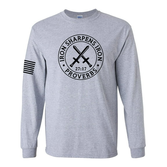 Iron Sharpens Iron Proverbs 27:17 Mens Christian American Flag Sleeve T-shirt Long Sleeve Graphic Tee-Sports Grey-xl