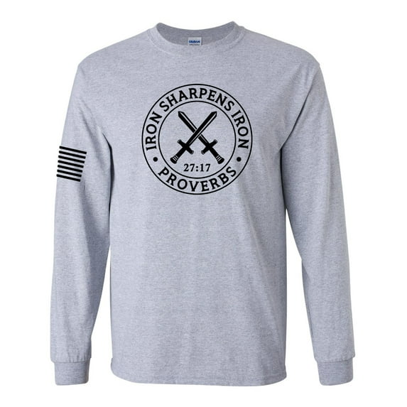 Iron Sharpens Iron Proverbs 27:17 Mens Christian American Flag Sleeve T-shirt Long Sleeve Graphic Tee-Sports Grey-xxl