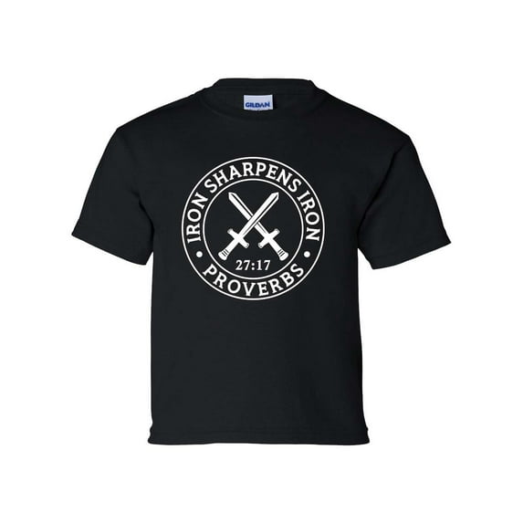 Iron Sharpens Iron Proverbs 27:17 Youth Kids Christian T-shirt Graphic Tee Graphic Tee-Black-medium