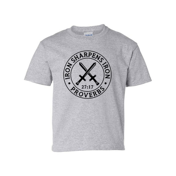 Iron Sharpens Iron Proverbs 27:17 Youth Kids Christian T-shirt Graphic Tee Graphic Tee-Sports Grey-medium