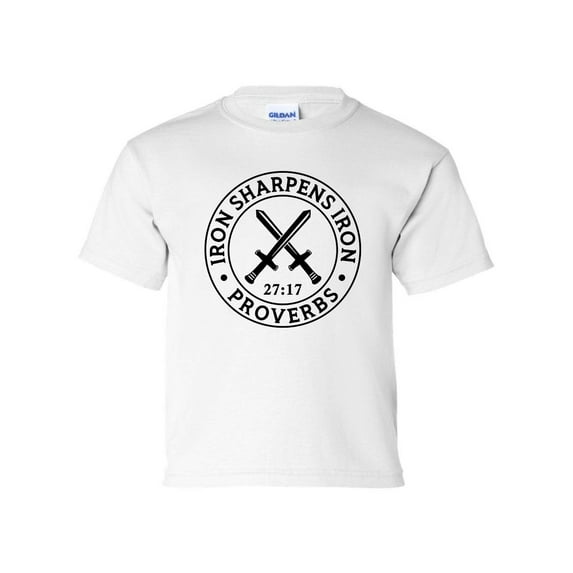 Iron Sharpens Iron Proverbs 27:17 Youth Kids Christian T-shirt Graphic Tee Graphic Tee-White-xl