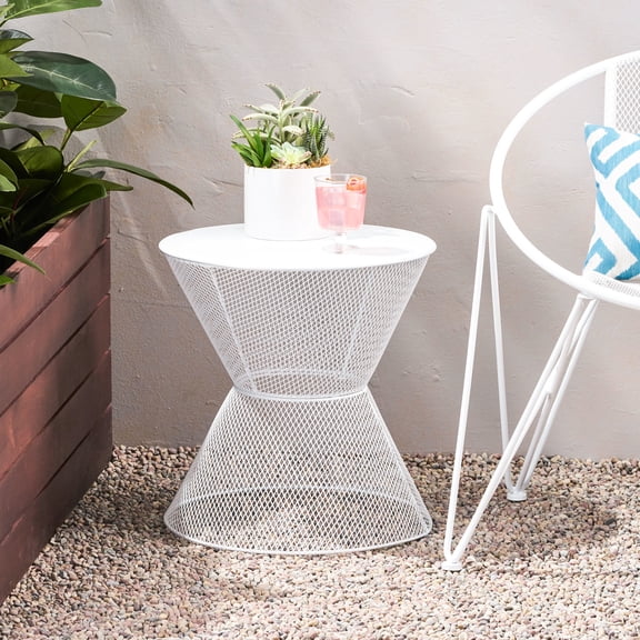 Iron Side Table In Matte White - Relaxing Spot With Mesh Design, 17.36 In. X 17.81 In., 6.19 Lb Table, Chilled Drink Holder D W H,