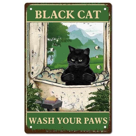 Iron Sign Posters for Home Wall Decoration Rectangle with Word Wash Your Paws Cat Pattern 300x200x2.2mm