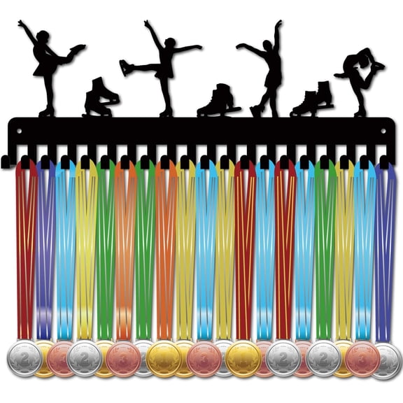 Iron Skating Medal Holder Medal Hanger Display Rack Sports Medal Hanging Wall Mounted Decor Metal with 20 Hooks Ice Skating Athlete Player Race Winner Gift for Women Friends Black 15.7x5.9 Inch