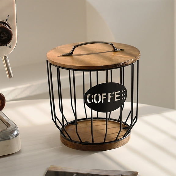 Iron Snack Storage Basket Coffee Capsule Organizer Countertop Holder Metal Hollow Storage Rack,Wooden Base Coffee Tea Snack Display Basket Durable Home Kitchen Storage Organizer