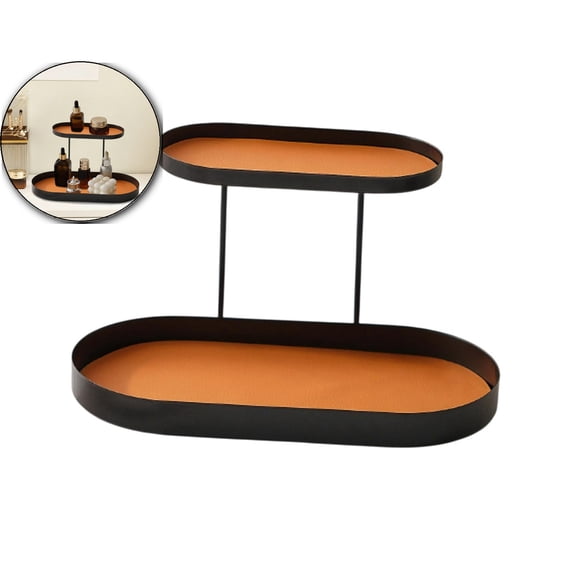 Iron Storage Rack with Leather Cushion Countertop Storage Box Wrought Iron Storage Tray Bathroom Counter Organizer Oval Desk Decorative Tray