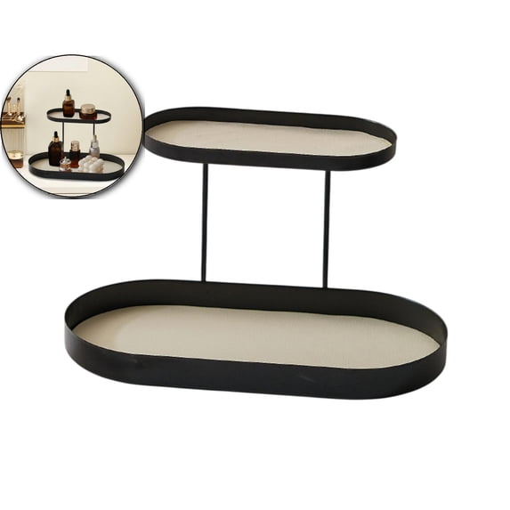 Iron Storage Rack with Leather Cushion Countertop Storage Box Wrought Iron Storage Tray Bathroom Counter Organizer Oval Desk Decorative Tray