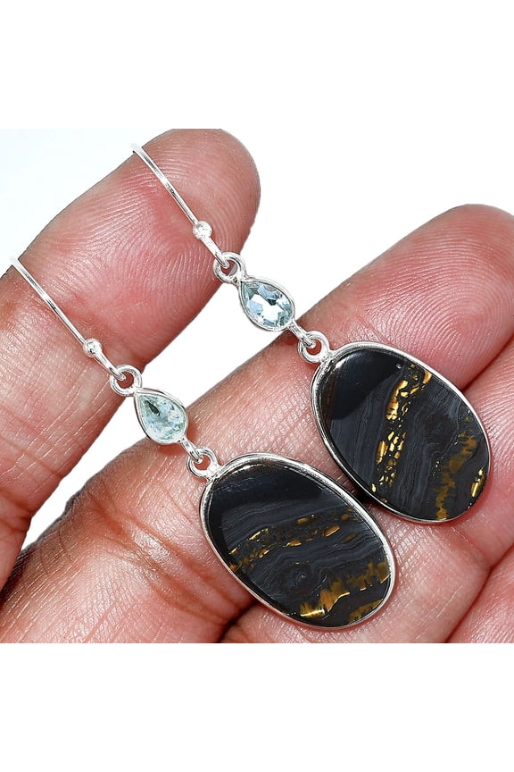Iron Tiger Eye & Sky Blue Topaz 925 Sterling Silver Earrings Jewelry E-1002 SDE85499