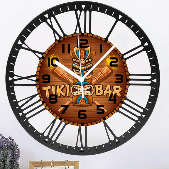 Iron Tiki Tribal Style Wall Clock Battery Operated Torch And Signboard of Bar Hawaiian Elements Wall Clock Silent Non Ticking Quality Quartz 10 Inch Round Easy Clock to Read for Home