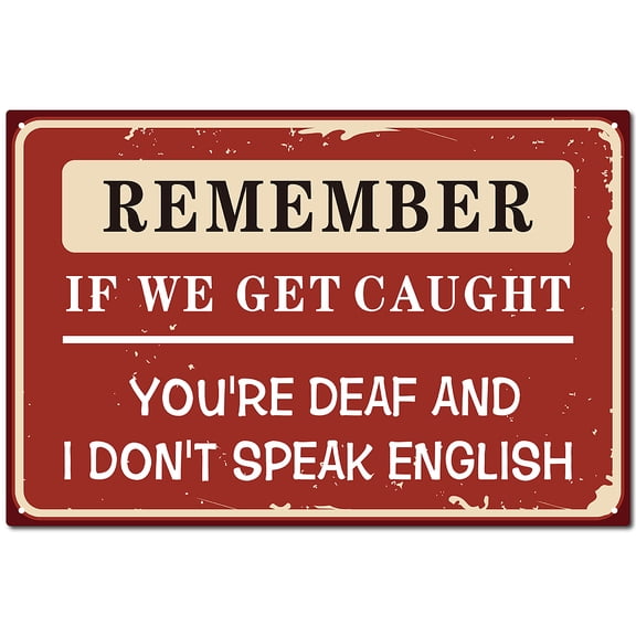 Iron Tin Sign Vintage Metal Sign Poster Retro Painting Plaque Iron Sign Wall Decor Art Mural Hanging Sign for Outdoor 12 x 8Inch-Remember If We Get Caught You're Deaf and I Don't Speak English