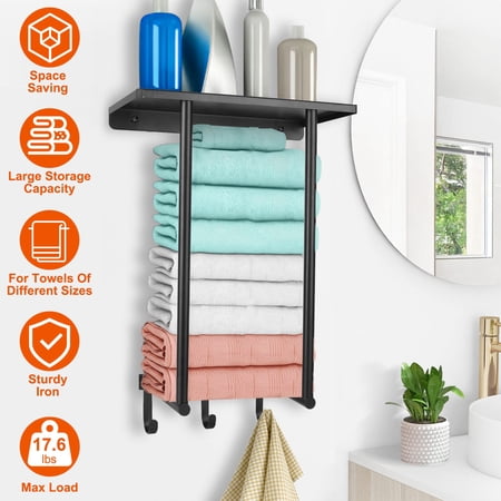 Iron Towel Rack, TeqHome Towel Rack for Bathroom with 3 Hooks, 12.6 in Towel Shelf Rolled Towels Wall Mounted Lavatory Towel Organizer, Modern BlackTowel Rack