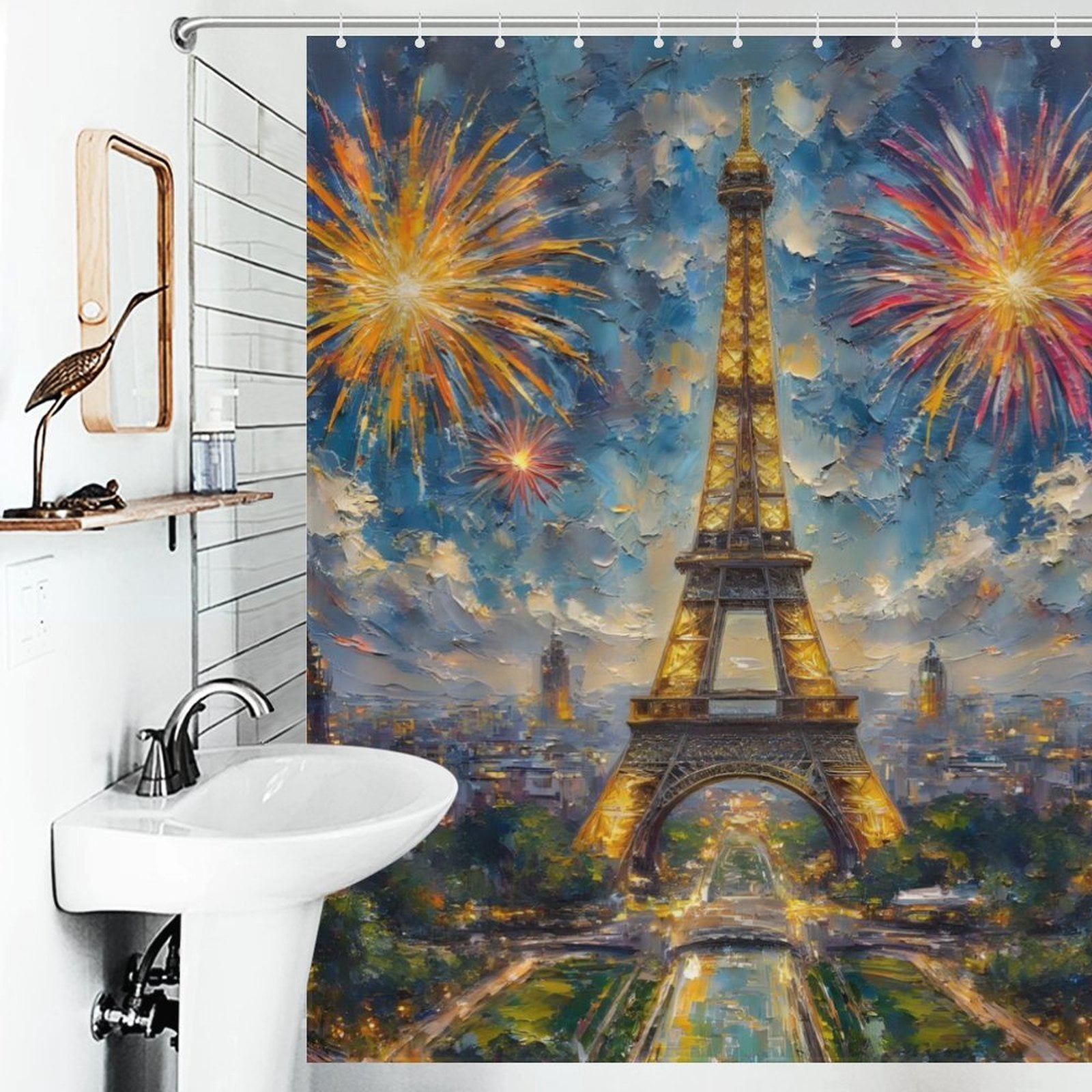 Iron Tower Print Shower Curtain Art Style Bathroom Decor Shower Curtain with 12 Hooks,66inx72in