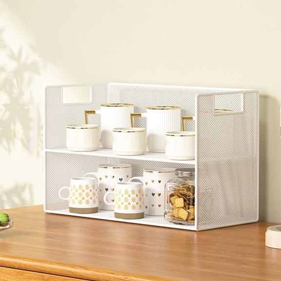 Iron Two Tier Desktop Organizer, Double Layer Storage Rack for Kitchen Countertop Office Desk, White Metal Shelf for Books Snacks Living Room Organization