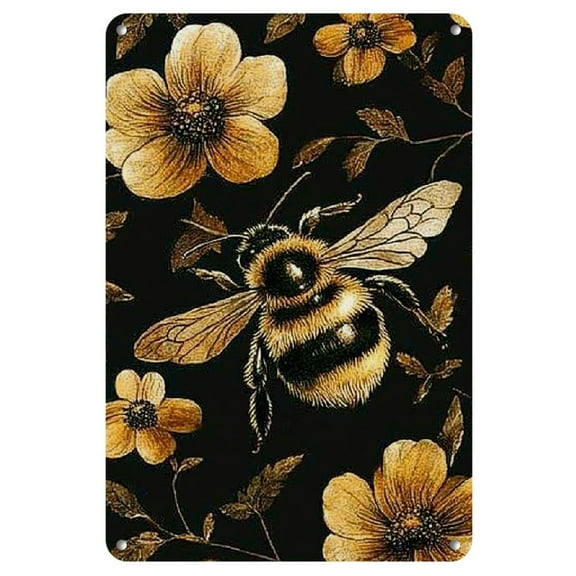 Iron Vintage-Inspired Bee and Flower Metal Wall Art_ 8 x12 - Decorative Iron Sign for Home_ Cafe_ Bar Rustic Ambiance with Golden Accents on Black Background_ Metal Wall Art Decor