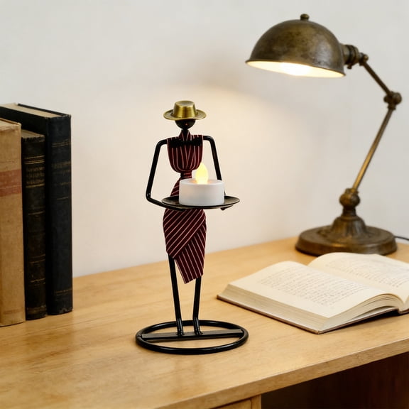 Iron Waiter Figurine Candle Holder, Unique Iron Candle Stand with Electronic Candle Hat & Bow Tie, Rustic Table Centerpiece for Dining Room, Wedding, Party, Anniversary Decor