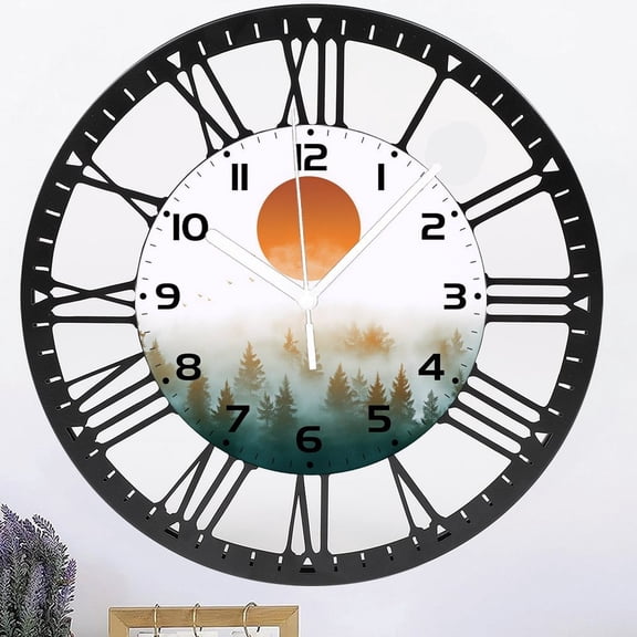 Iron Wall Clock for Bathroom,Red Sun Wall Clocks Silent Non-Ticking Battery Operated Clock 10 Inch,Green Forest Wall Clocks Decorative for Living Room,Kitchen,Office Style 10×10inch