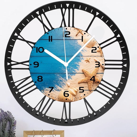 Iron Wall Clocks,Seashells Sand Wall Clock Decorative,Blue Wooden Kitchen Wall Clocks Battery Operated - 10 Inch Round Bathroom Wall Clock Silent Non-Ticking Style 1010inch(2525cm)