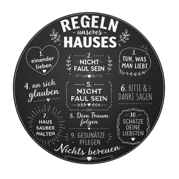 Iron Wall Decor 8x8 Inch - "Regeln unseres Hauses" Inspirational German Quote Sign, Rustic Vintage Style Metal Home Decor, Easy Hanging, Indoor Outdoor Use, Pre-Drilled Holes