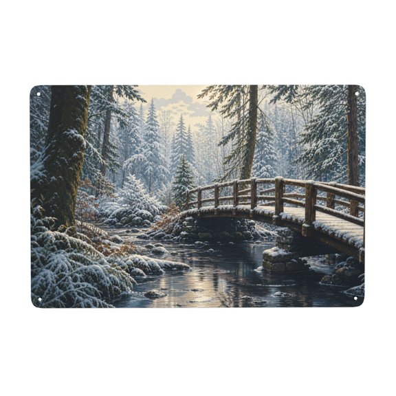 Iron Wall Decor Sign 8X12 Inch Rustic Winter Bridge Scene Vintage Style