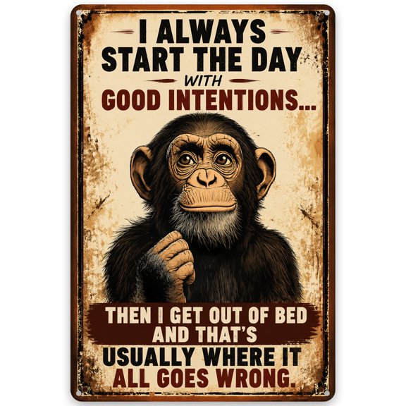Iron Wall Decor Sign 8x12 Inch - Vintage Humorous Monkey Design - Easy Hanging Metal Plaque for Indoor Outdoor Use - Rustic Home Decor Accents with Pre-Drilled Holes