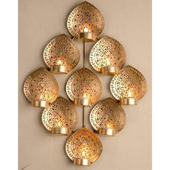 Iron Wall Hanging Decorative Tealight Candle Holder for Home Decor | Diwali Gift | Wall Lighting | (Size : 12, X 9 Inches) - Color : Gold