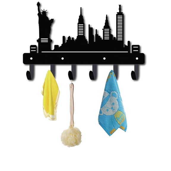 Iron Wall Mounted Hook Hangers Decorative Organizer Rack with 6 Hooks for Bag Clothes Key Scarf Hanging Holder Building Shaped Gunmetal