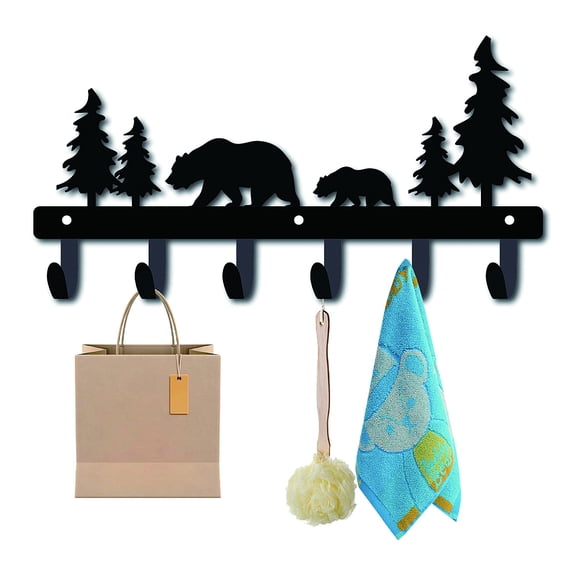 Iron Wall Mounted Hook Hangers Decorative Organizer Rack with 6 Hooks for Bag Clothes Key Scarf Hanging Holder Polar Bears and Tree Gunmetal