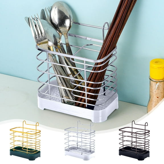 Iron Wall-Mounted Utensil Organizer Rack | Double Grid Chopstick Spoon Holder | Bronze/Silver Finish | Corrosion-Resistant | Pull-Out Tray | 18x16x9.5cm | Multi-Compartment