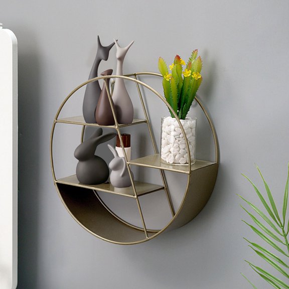 Iron Wall Storage Rack | Metal Wall Hanging Shelf | Round Floating Organizer for Home Living Room | Multi-Tier Display for Decor, Plants, Cosmetics | 28x28x10cm | White Black Yellow | 1 Piece