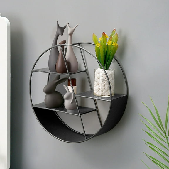 Iron Wall Storage Rack | Metal Wall Hanging Shelf | Round Floating Organizer for Home Living Room | Multi-Tier Display for Decor, Plants, Cosmetics | 28x28x10cm | White Black Yellow | 1 Piece