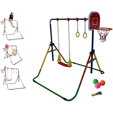 Iron Wave Kids Gymnastics Training Bar Home Folding Kip Bar 5 in 1 Set with Swing Seat, Trapeze Rings, Basketball Hoop, Expandable Horizontal Bar Junior Gymnastic Monkey Bars Jungle Gym Playground