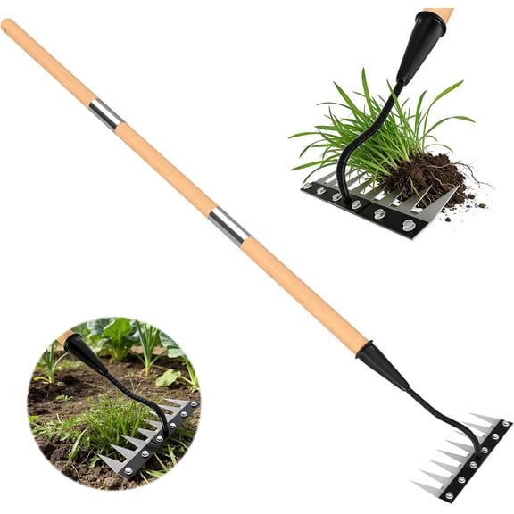 Iron Weed Rake with Wooden Long Handle, 8 Teeth Puller Tool Heavy Duty, Manual Gardenia Weeding for Yard, Lawn and Garden, 56Inch