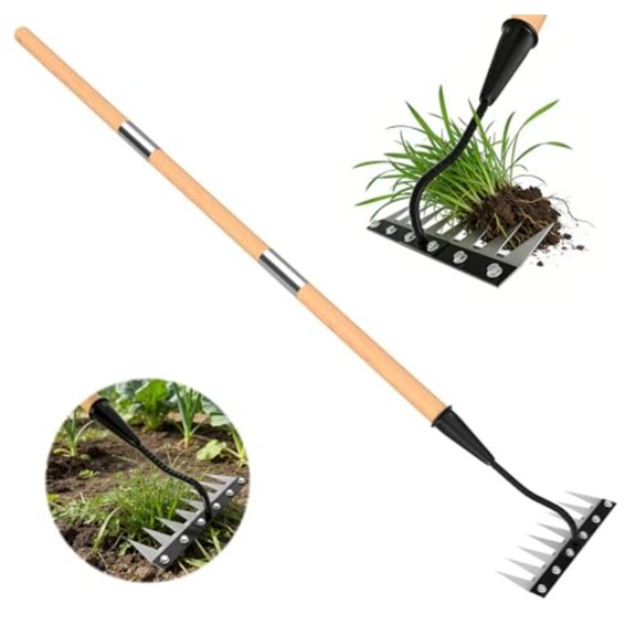 Iron Weed Rake with Wooden Long Handle 8 Teeth Weed Puller Tool Heavy Duty Manual Gardenia Weeding Rake Tool for Yard Lawn and Garden 56Inch