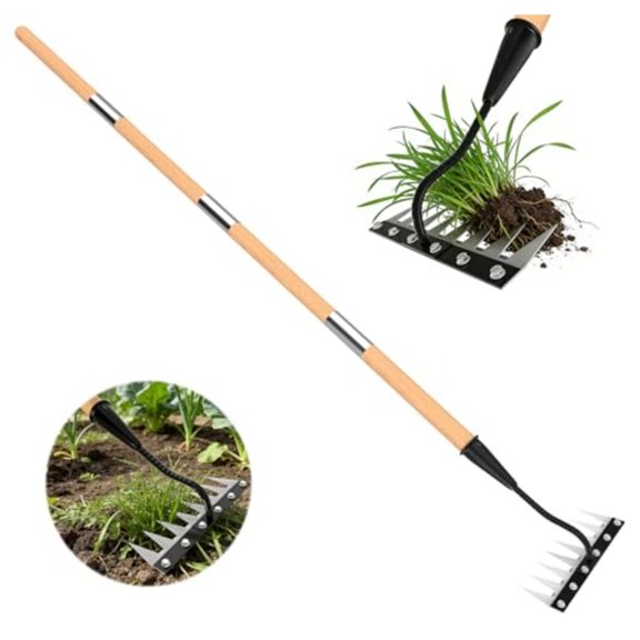 Iron Weed Rake with Wooden Long Handle 8 Teeth Weed Puller Tool Heavy Duty Manual Gardenia Weeding Rake Tool for Yard Lawn and Garden 71Inch