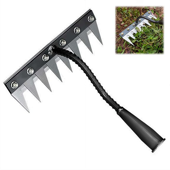 Iron Weeding Rake 2.0 for Garden and Yard, Heavy Duty Reinforced Manganese Steel Hand Weeder Tool with 5/6/7/8 Teeth, Sharp Multi-Teeth Manual Weeding Tool Compatible with Standard Handles