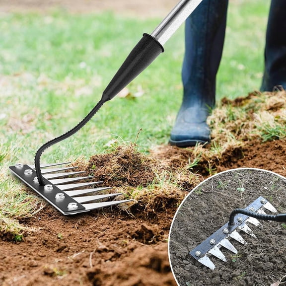 Iron Weeding Rake with Long Handle (Pre-Assembled), 8 Teeth Iron Rakes for Gardening and Weeding, Heavy-Duty Carbon Steel Weed Rake or Weed Puller Tool for Lawn,  and Garden, Gloves Included