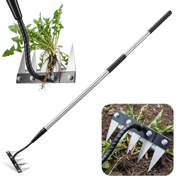 Iron Weeding Rake with Long Handle - Upgraded 5 Teeth Weed Puller Tool, Heavy Duty Manual Weeder Remover Tool for Weeding, Cultivating & Soil Aeration