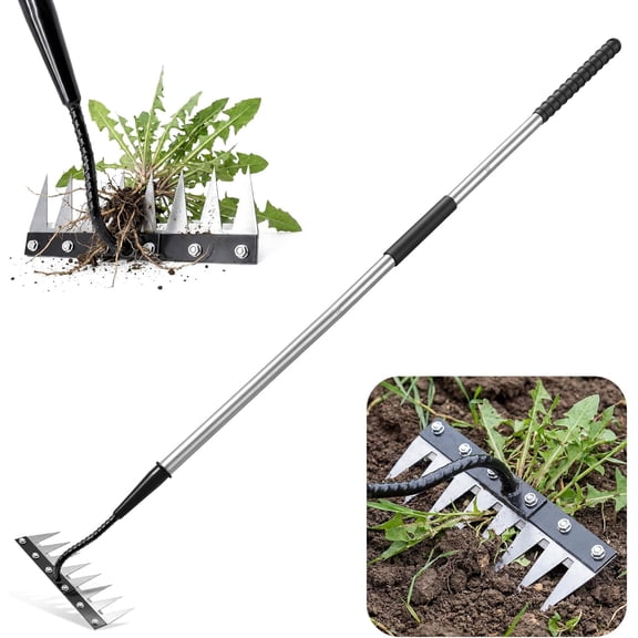Iron Weeding Rake with Long Handle - Upgraded 8 Teeth Weed Puller Tool, Heavy Duty Manual Weeder Remover Tool for Weeding, Cultivating & Soil Aeration