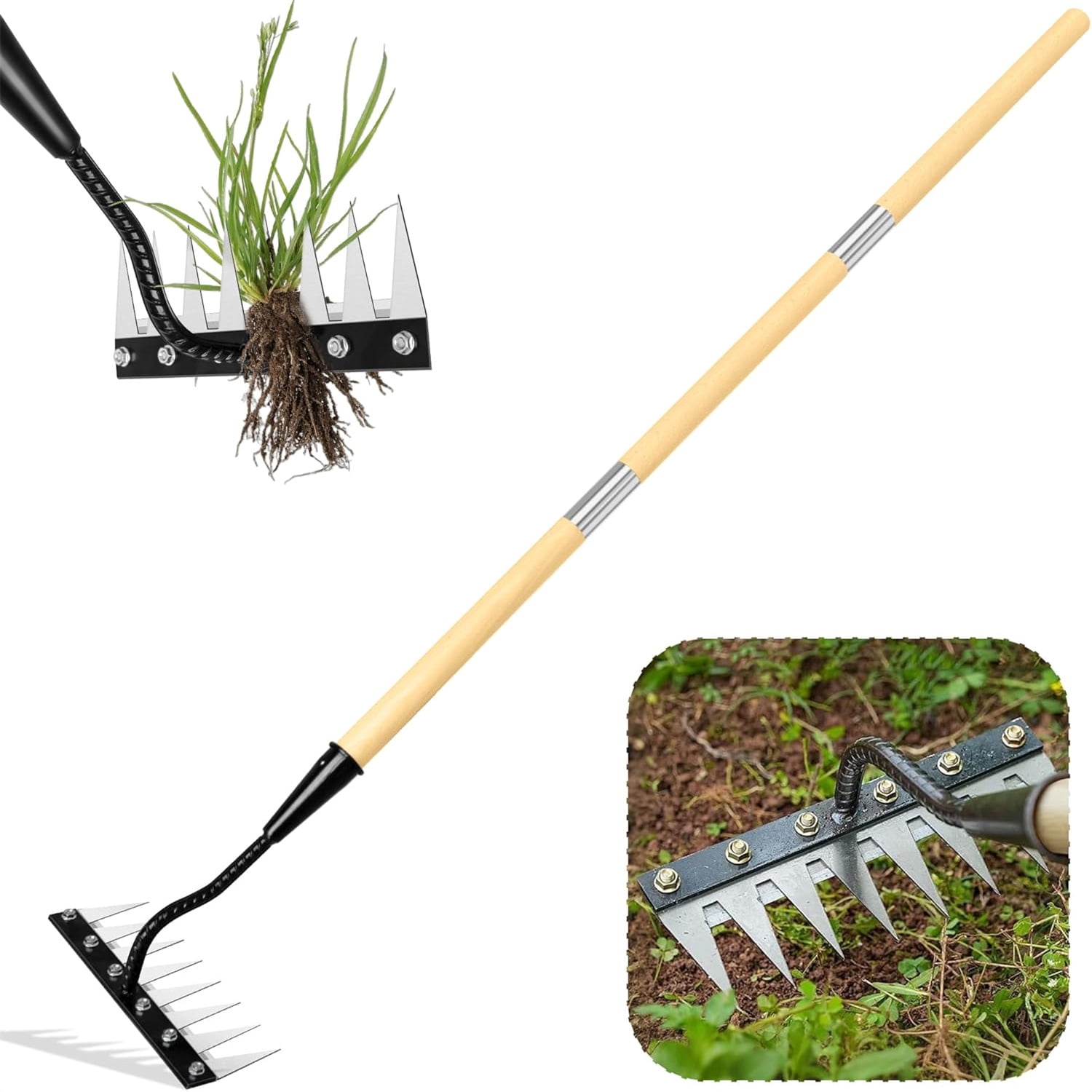 Iron Weeding Rake with Handle 2.0, 2025 Upgraded 8 Teeths Garden Weed ...