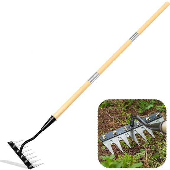 Iron Weeding Rake with Handle, Upgraded 8 Teeth Garden Weed Puller Tool for Lawn, Flower Beds & Soil Aeration