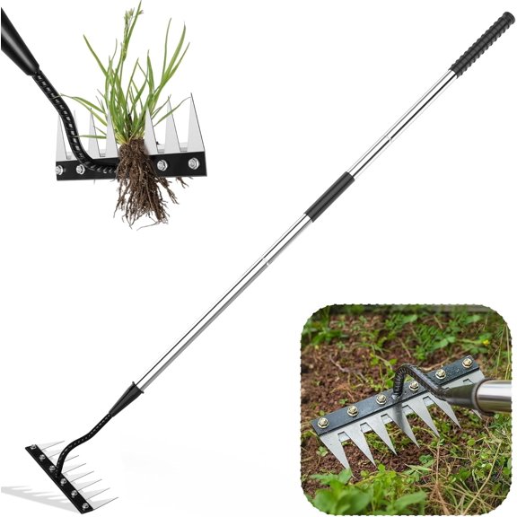 Iron Weeding Rake with Long Handle 2.0, Upgraded 8 Teeths Garden Weed Puller Tool Heavy Duty Gardening Tool for Lawn, Flower Beds & Soil Aeration