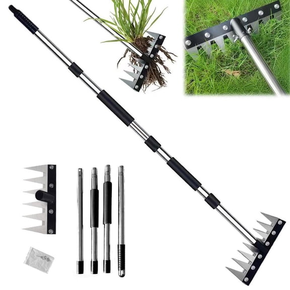 Iron Weeding Rake with Long Handle, 62in 6/7/8 Teeth Iron Rake For Gardening Heavy Weeding, Garden Duty Manu Weed and Puller