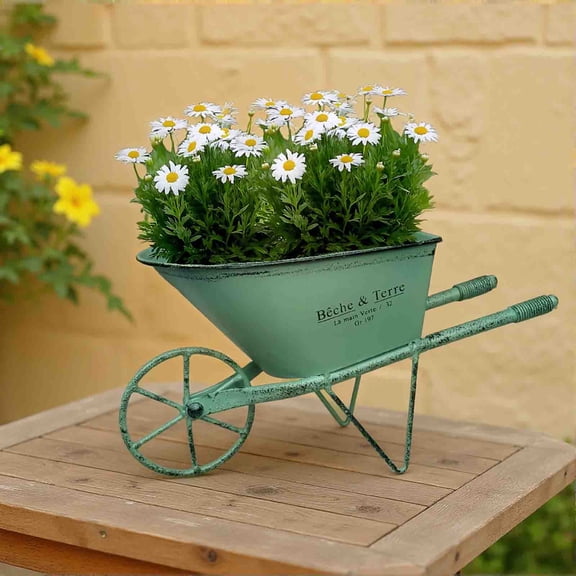 Iron Wheel Handcart Flower Pot Planter for Outdoor Garden Patio Balcony Decoration - Rustic Farmhouse Iron Planter Container for Succulents Herbs Small Flowers - 1 Pack