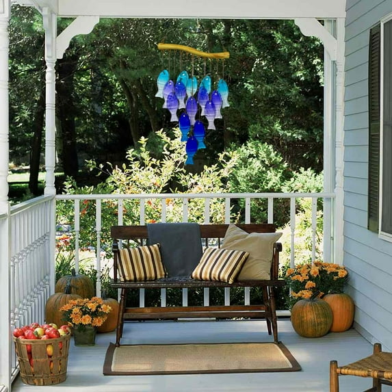 Iron Wind Chime Outdoor Hanging Decor | Handmade Fused Multicolor Glass Wind Bells | Garden Patio Ornament | Colorful Glass | 23.6x7.7x3.5 in | 1 Pack