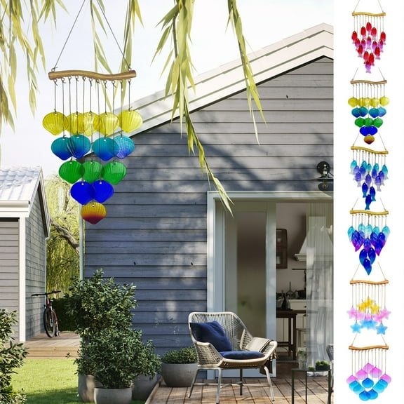 Iron Wind Chime Outdoor Hanging Decor | Handmade Fused Multicolor Glass Wind Bells | Garden Patio Ornament | Colorful Glass | 23.6x7.7x3.5 in | 1 Pack