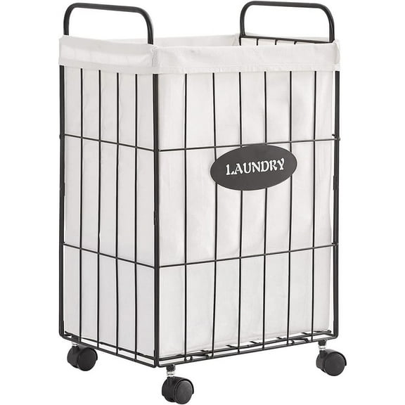 Iron Wire Laundry Hamper With Rolling Lockable Wheels, Folding Laundry Storage Basket with Handles,Detachable Liner Collapsible Dirty Laundry Cart Sorter Clothes Basket Organizer (23.6 inch)