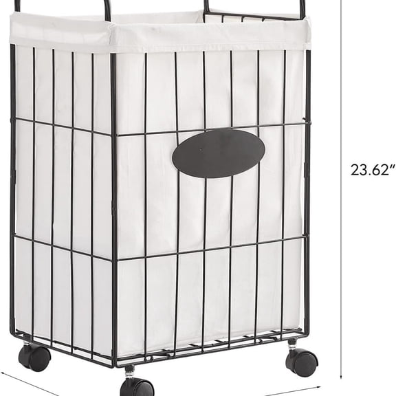 Iron Wire Laundry Hamper With Rolling Lockable Wheels, Folding Laundry Storage Basket with Handles,Detachable Liner Collapsible Dirty Laundry Cart Sorter Clothes Basket Organizer (23.6 inch)